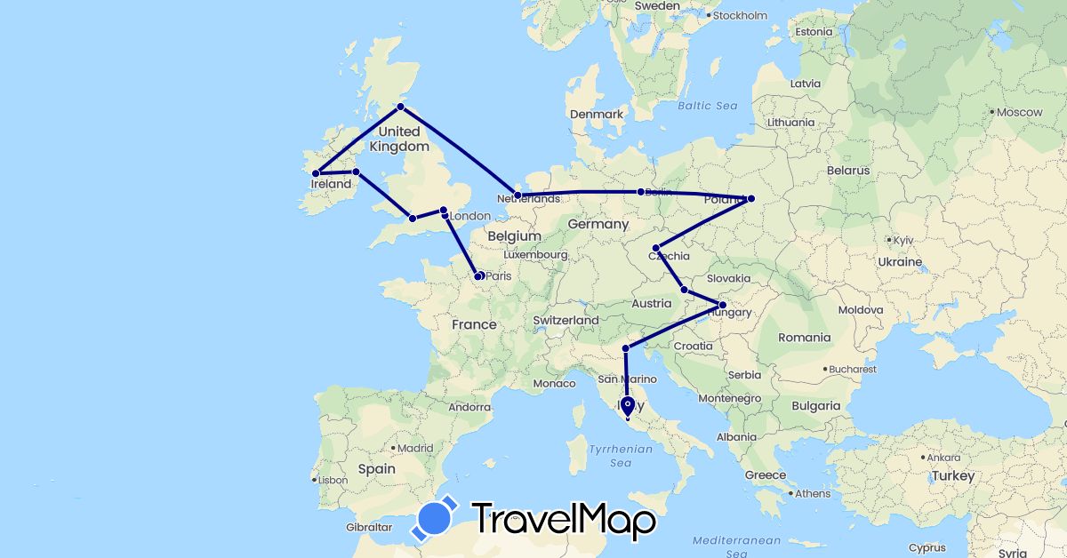 TravelMap itinerary: driving in Austria, Czech Republic, Germany, France, United Kingdom, Hungary, Ireland, Italy, Netherlands, Poland (Europe)